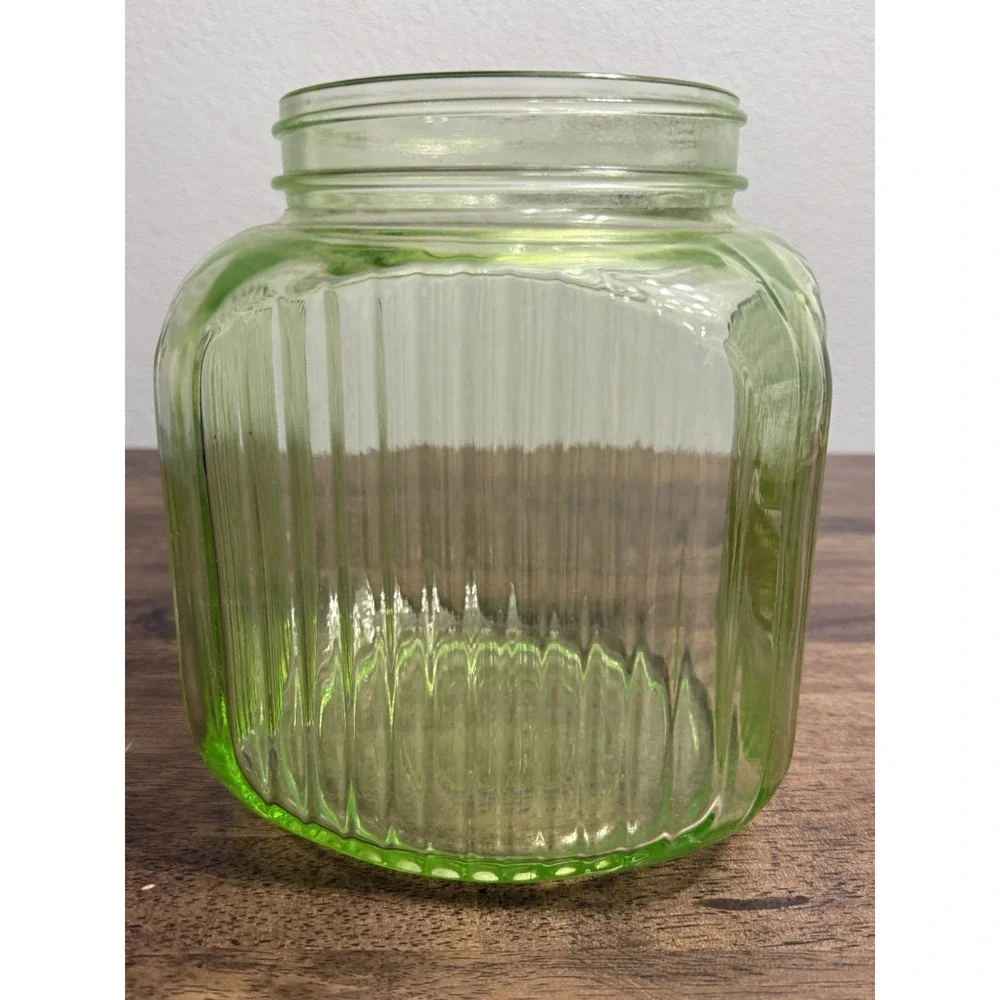 Anchor Hocking Hoosier Green Uranium Depression Glass Cookie Jar Ribbed Label